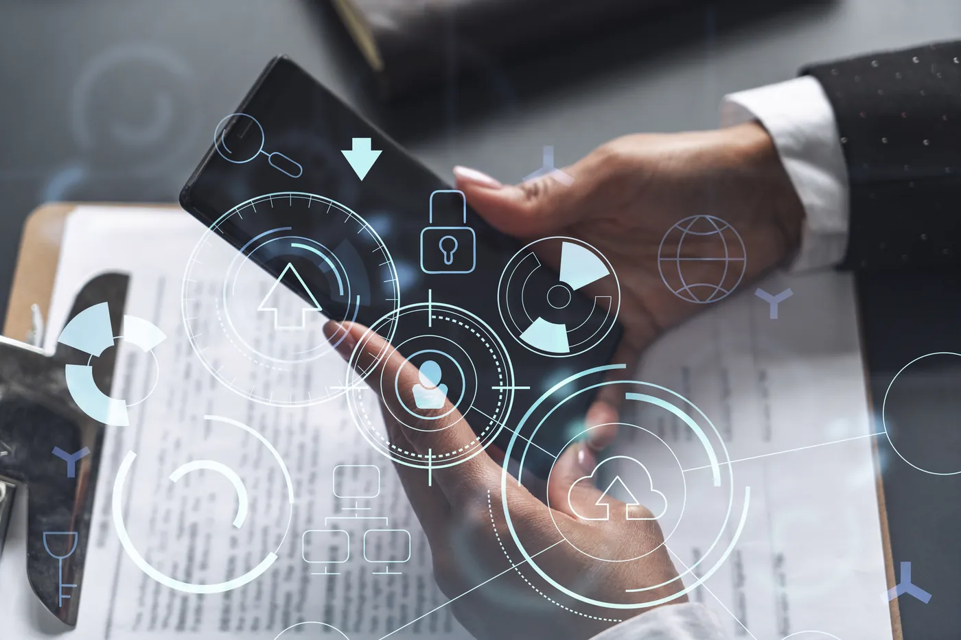 Hands holding a smartphone, overlaid with security, cloud and network control icons